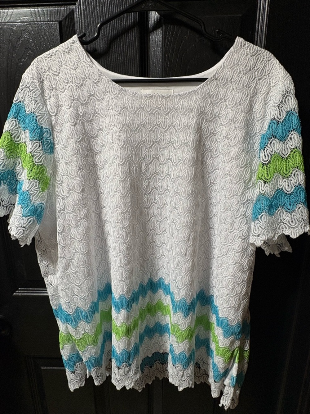 Alfred Dunner White Crochet Short Sleeve Top with Teal & Lime Waves